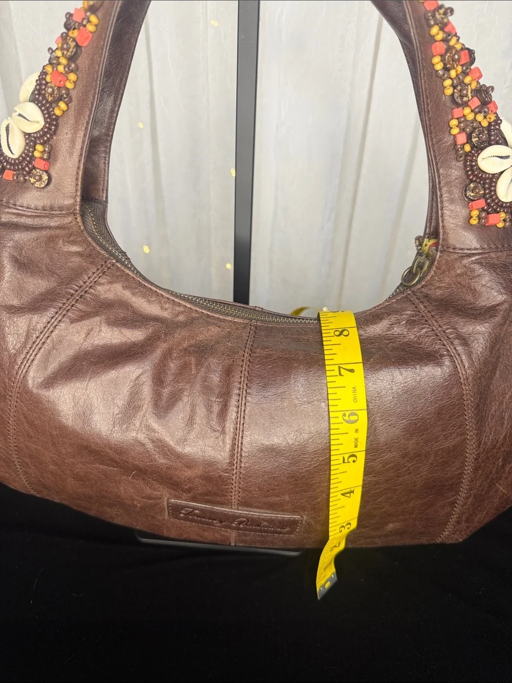 Tommy Bahama Brown Leather Shoulder Bag with Red & Orange Beaded Straps